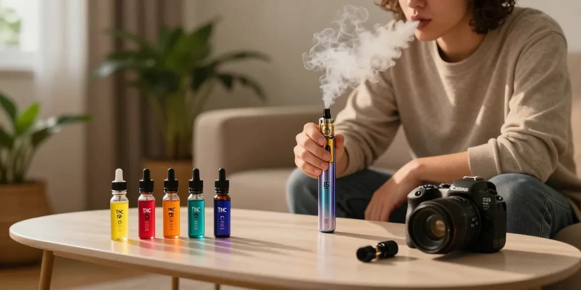 Young adult enjoying Weed vape in cozy indoor setting with colorful THC vape e-liquids.
