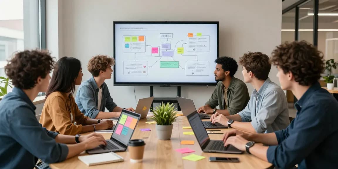 Collaboration in a creative workspace, professionals using mixboard ai for innovative brainstorming.