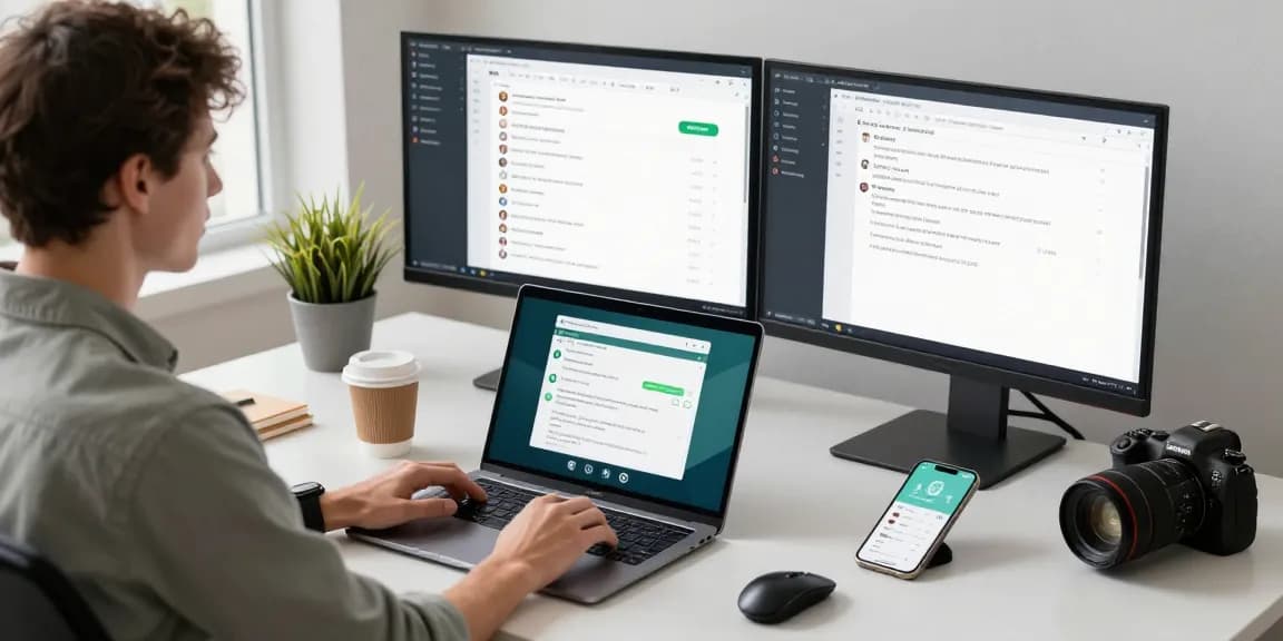 Professional user engaging with WhatsApp電腦版 on a laptop in a modern workspace.