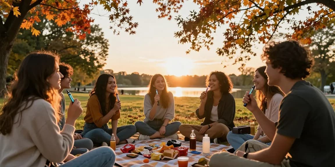 Freunde genießen ihre THC Vapes in Deutschland in einem malerischen Park, umgeben von goldenen Herbstblättern.