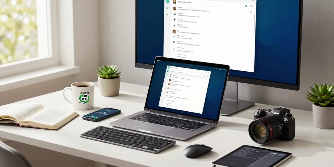 Professional using WhatsApp電腦版 in a modern home office environment with a laptop and monitor.