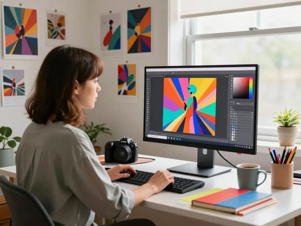Digital artist using Nano Banana AI image editor in a colorful workspace.