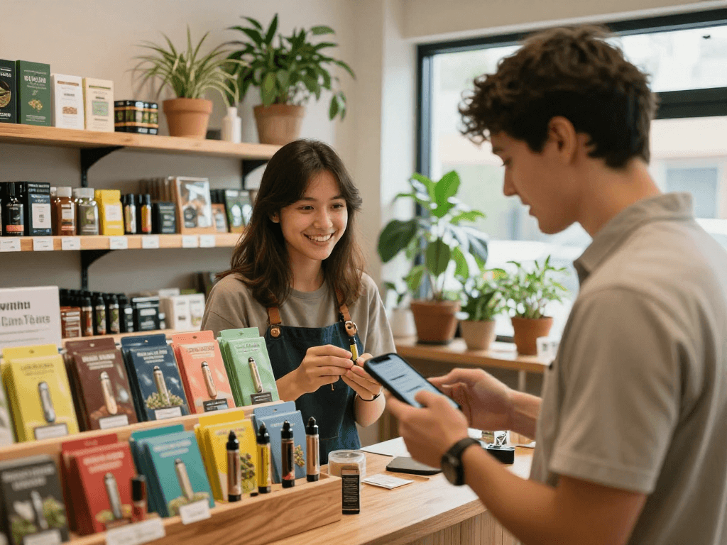Customer choosing a Cake cart in a cozy dispensary with vibrant displays
