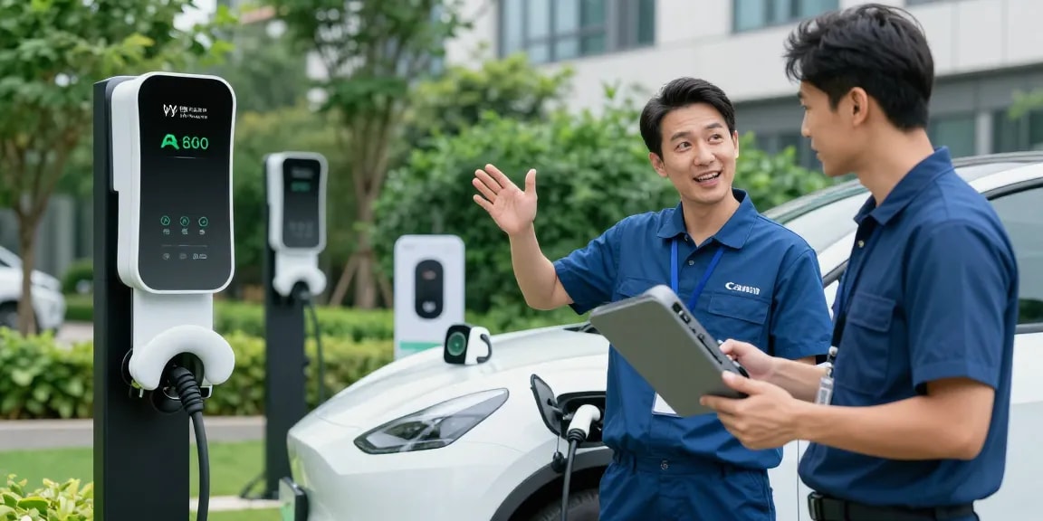 Portable EV charger factory showcasing advanced charging solutions and customer interactions in a tech-savvy environment.