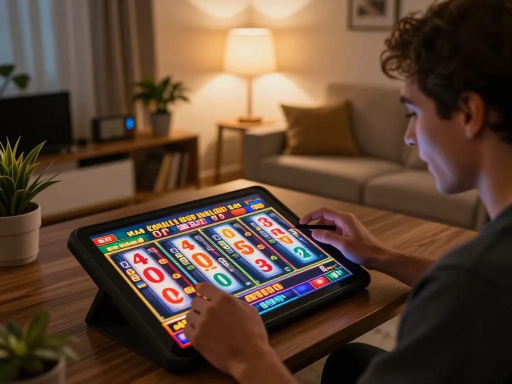 Playing slot gacor game on a tablet, showcasing excitement and potential winnings in a cozy home setting.