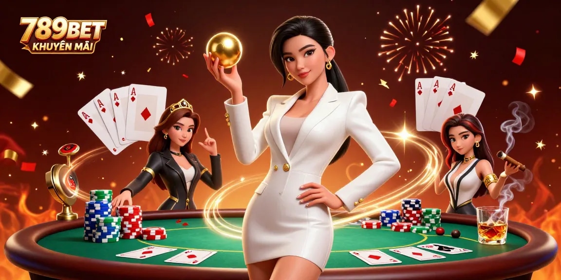 Experience thrilling moments with 789BET KHUYN MI showcasing a stunning Asian woman in casino attire.