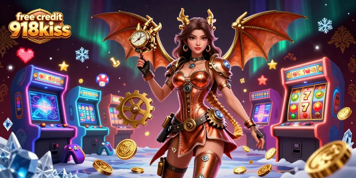 Play exciting games with free credit 918kiss, featuring a stunning woman and a clockwork dragon in a vibrant casino world.