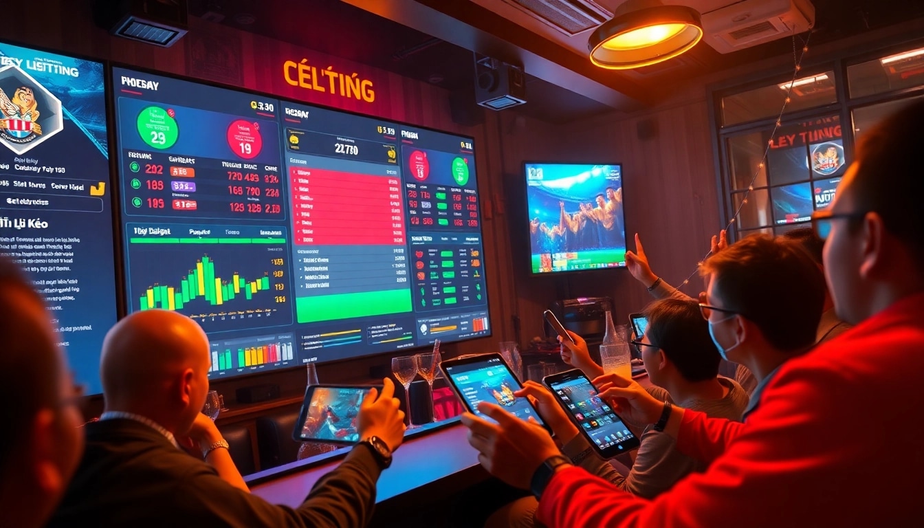 Live sports betting dashboard showcasing tỷ lệ kèo with excited fans and dynamic statistics.