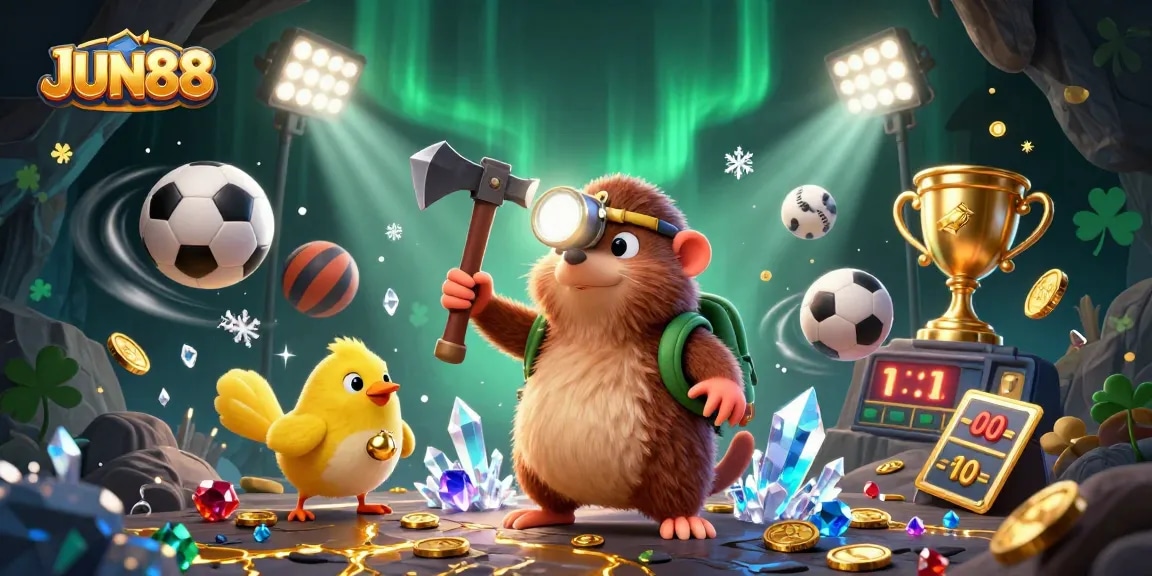 Engage in thrilling gameplay with JUN88 in an ultra-detailed 3D casino illustration featuring dynamic sports elements.