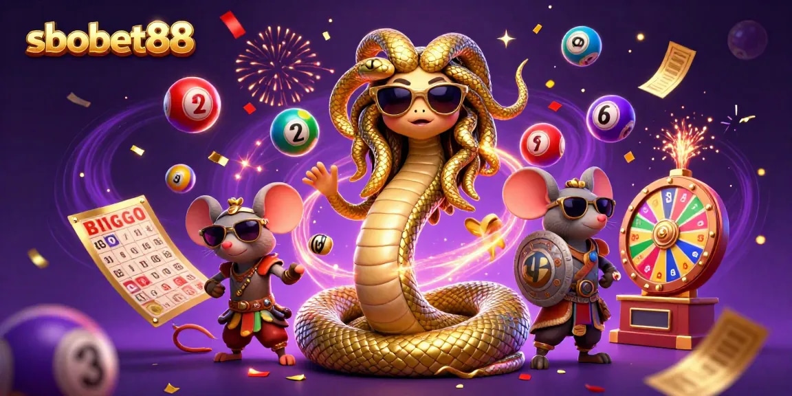 Engage with sbobet88 in a vibrant lottery scene featuring Medusa and a warrior mouse amidst colorful game elements.