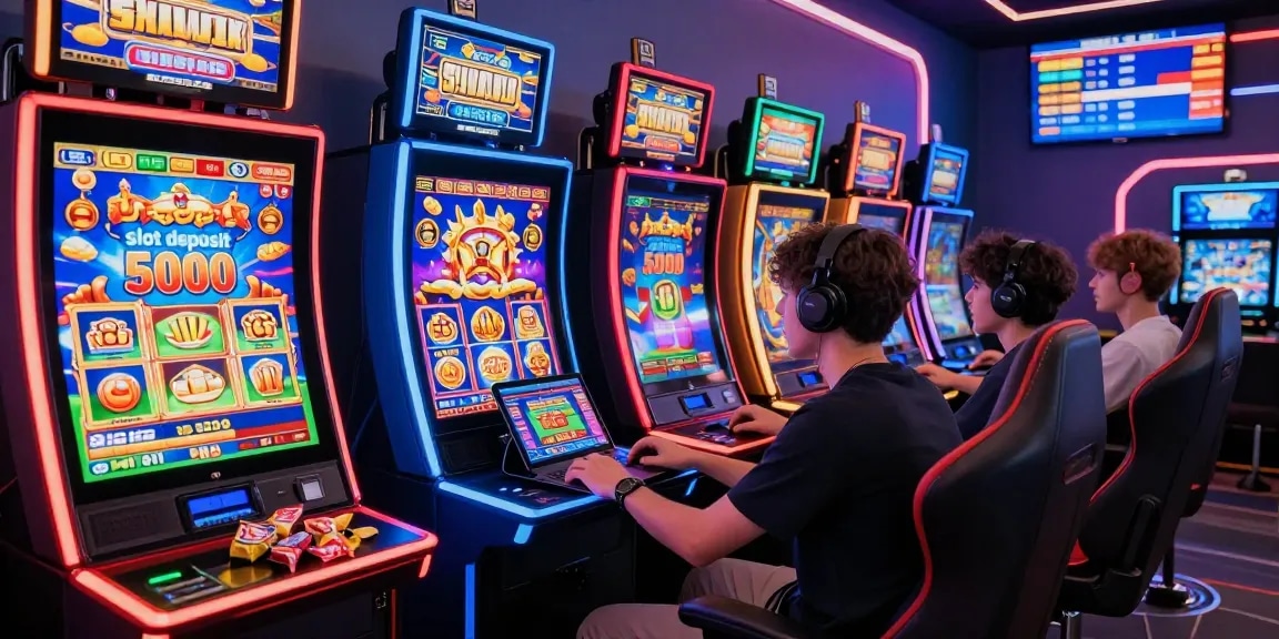 Exciting scene of a player enjoying slot deposit 5000 games, showcasing vibrant slot machines and a dynamic gaming atmosphere.