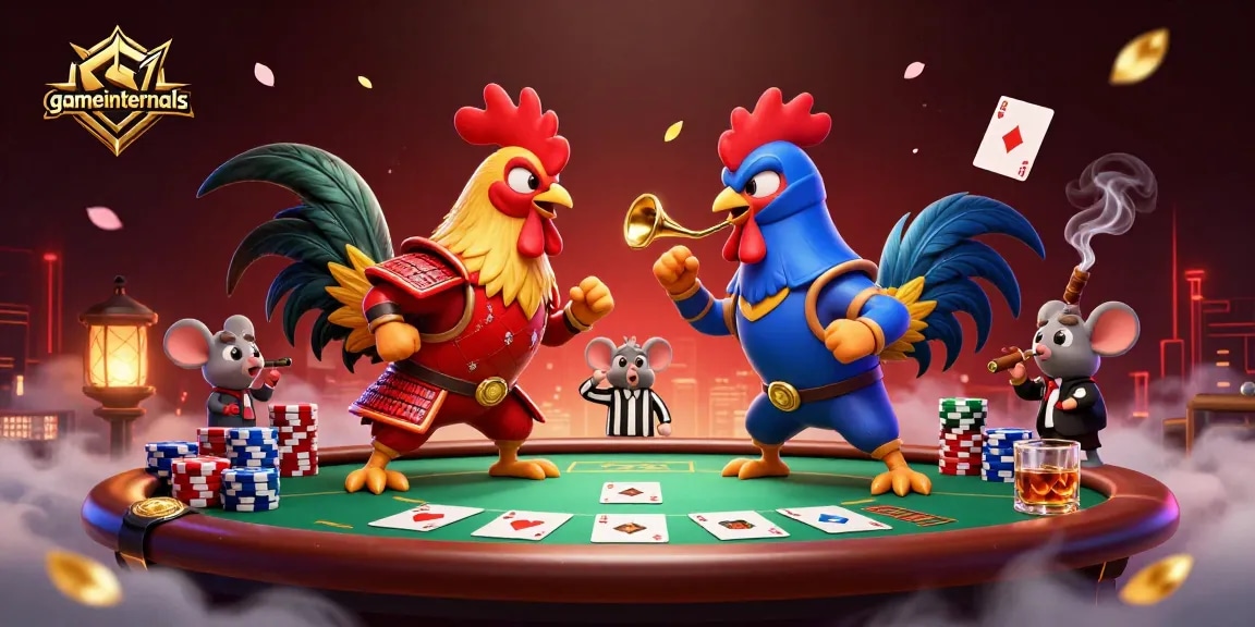 gameinternals showcases cartoon roosters in combat at a poker table, embodying triumph in gambling