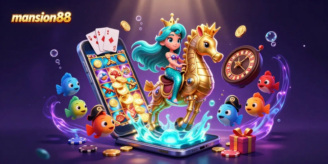 Mansion88 showcases a vibrant underwater casino scene featuring a mermaid riding a seahorse amidst engaging gambling elements.