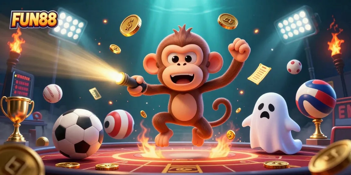 Engage with FUN88 and experience thrilling gambling with dynamic sports elements in a vibrant illustration.