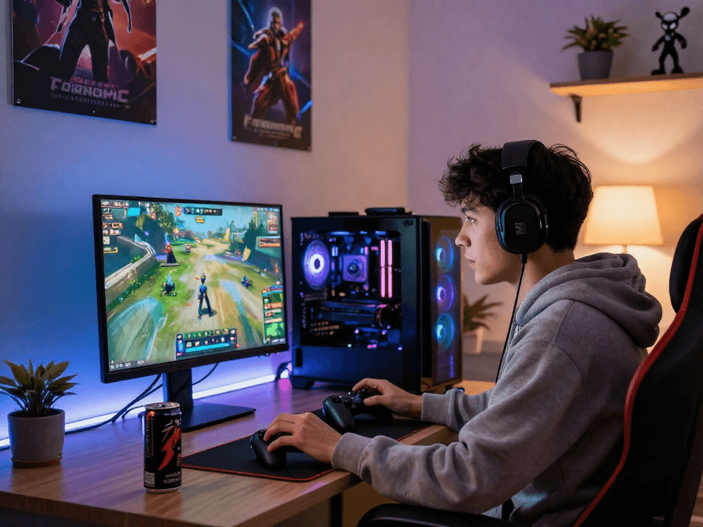 Engaged gamer focused on link alternatif raja328 in a vibrant home gaming setup