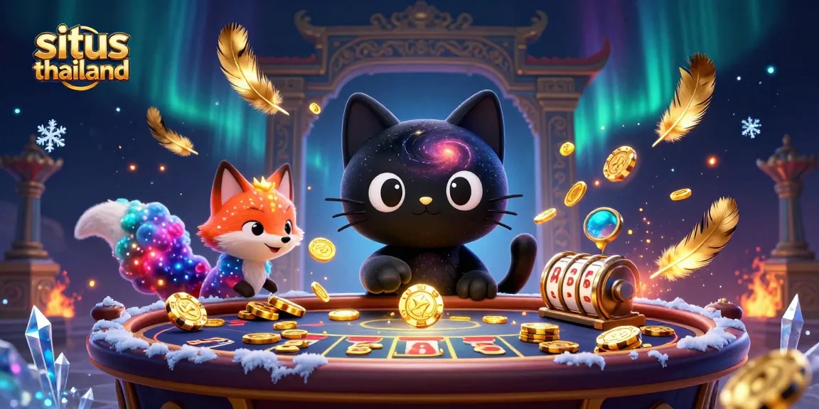Situs Thailand players engage in vibrant cosmic gaming with animated characters amid slot reels and gold.