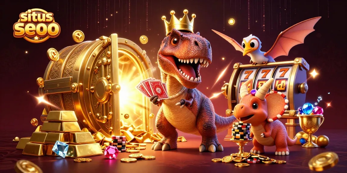 Menang di situs depo 5000 dengan slot gacor, T-Rex mengocok kartu dan triceratops menumpuk chip emas.