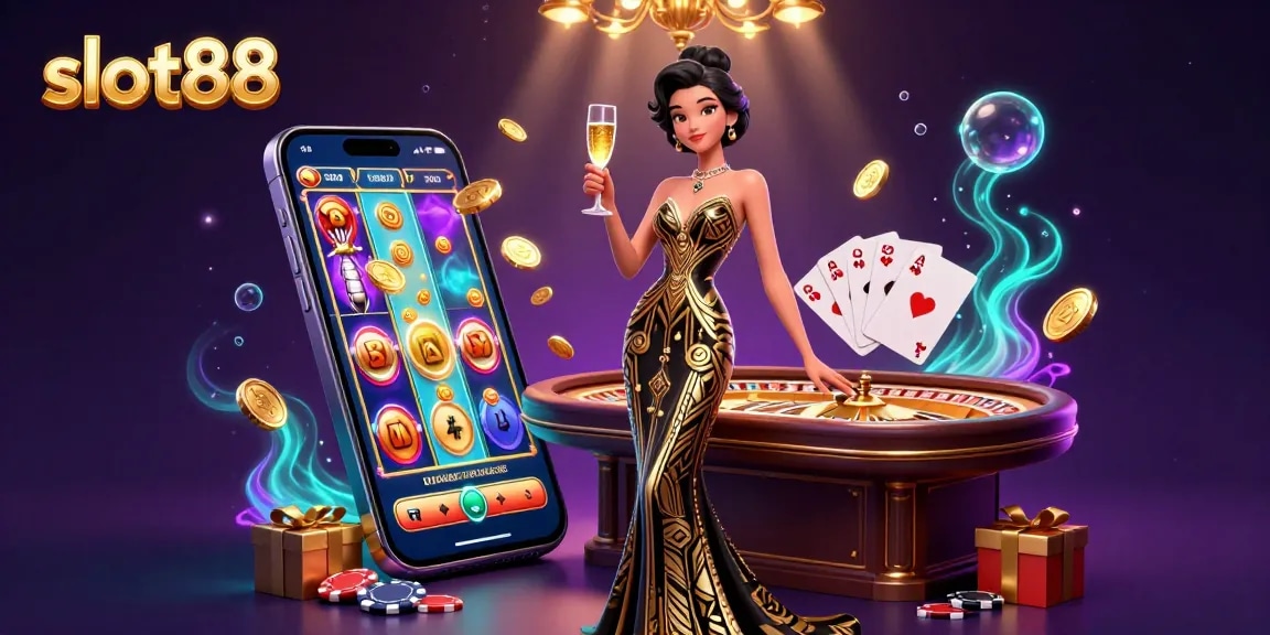Experience excitement with slot88 as colorful slot games and golden coins surround a glamorous Asian woman.