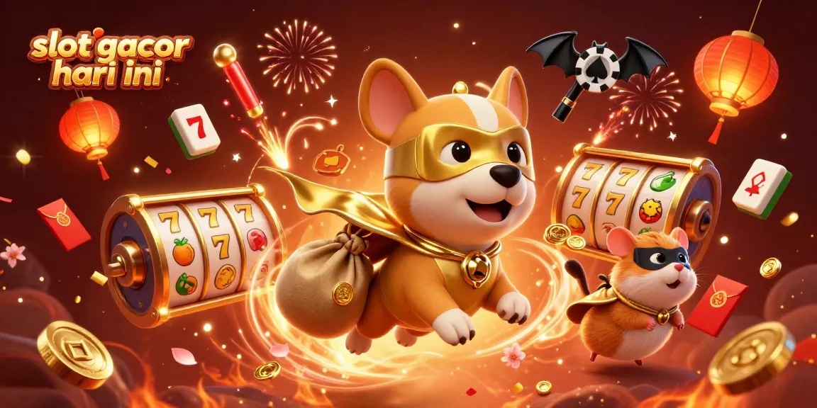 Experience the excitement of slot gacor hari ini with our superhero dog and hamster in a vibrant, celebratory casino atmosphere.