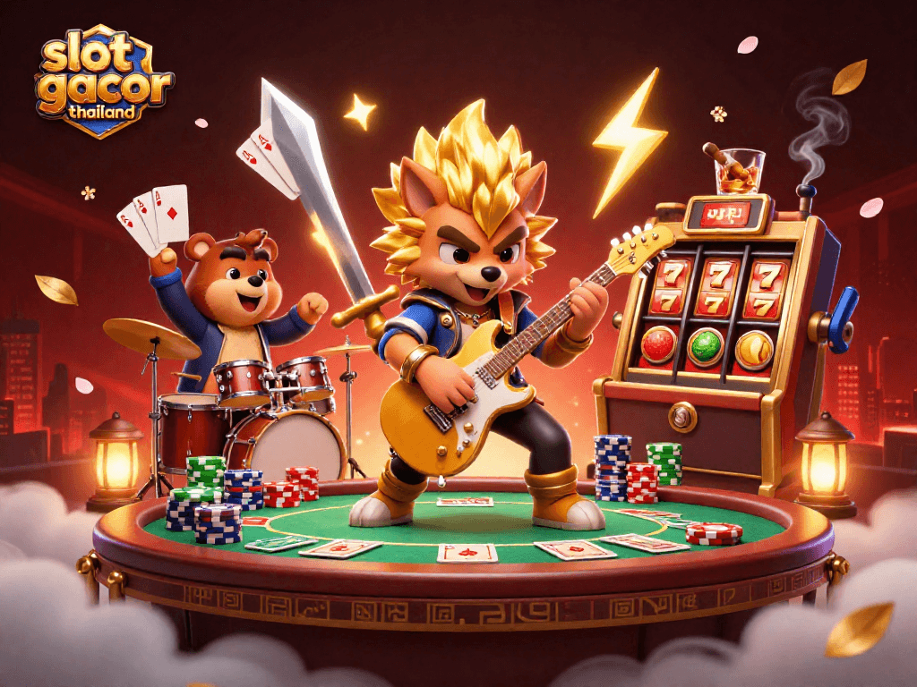 Experience the thrill of slot gacor thailand with an electrifying 3D casino scene featuring a rock star wolf and a drummer bear.