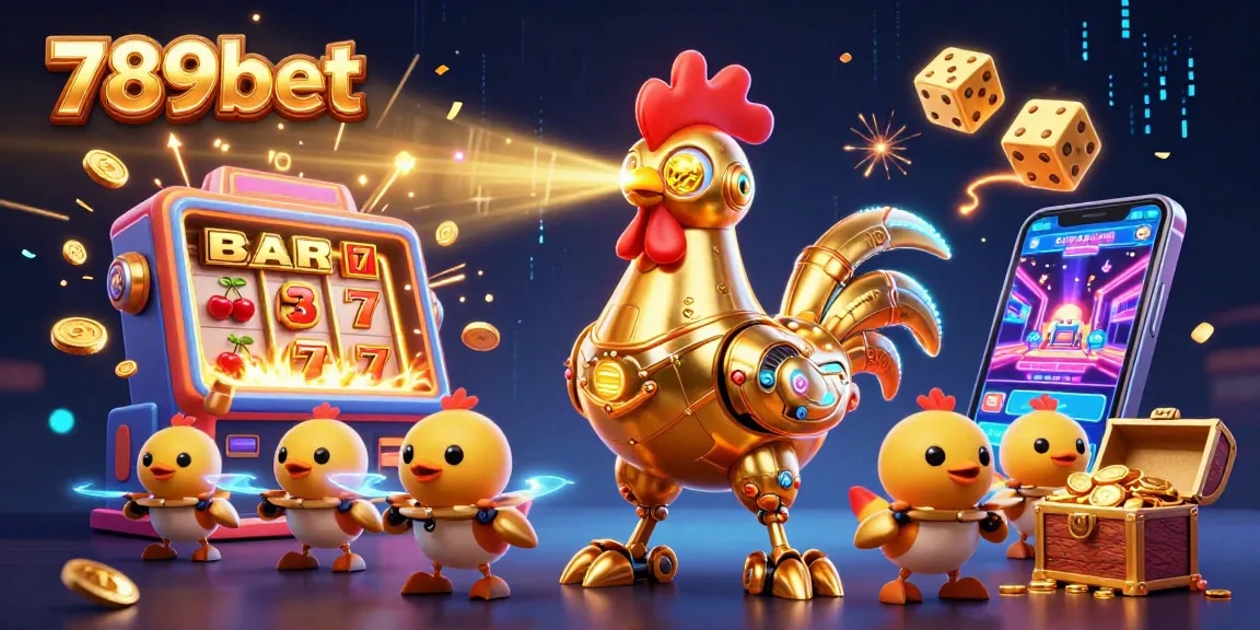 Engage in thrilling gaming at 789bet, featuring a dynamic scene with a golden rooster robot and slot machine burst.