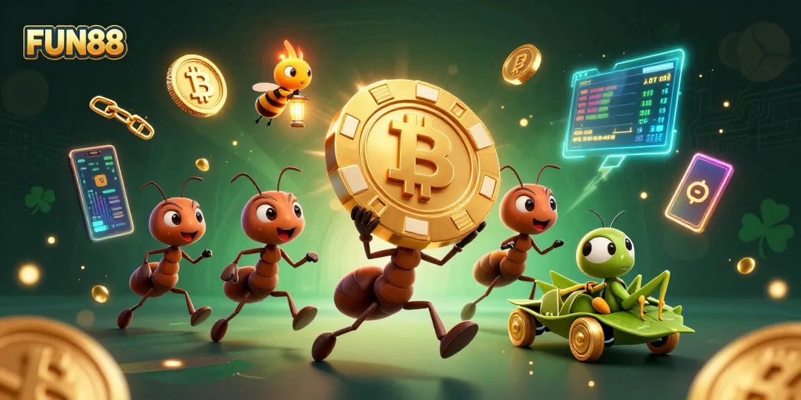 Engage with FUN88 in this exciting scene of ants carrying a giant poker chip through a tunnel.
