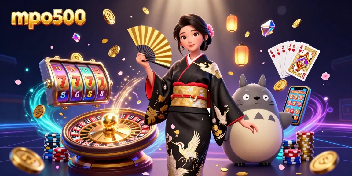 Spin the reels and win with mpo500 in an elegant casino scene full of vibrant elements.