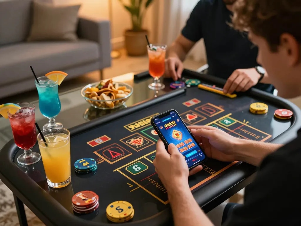 Engaged player using 92slot com on smartphone during a vibrant online casino gaming session.