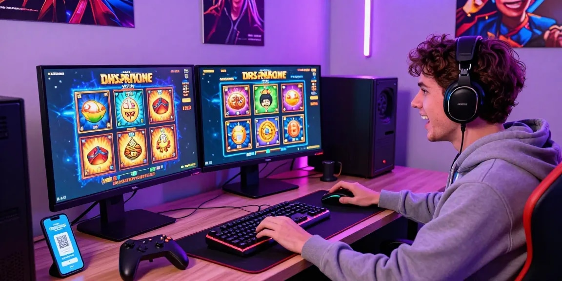 Excited gamer at their desk, fully engaged in live slot depo 1k game experience with vibrant interfaces and gaming gear.