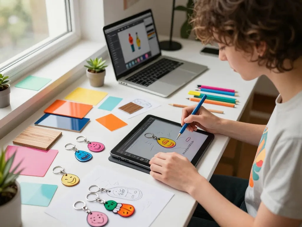Personalized keychains design scene with an artist crafting colorful acrylic and wood samples in a creative workspace, showcasing innovation.