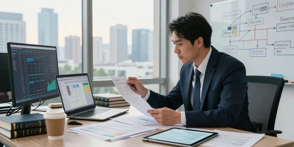 Professional investigating asset tracing in a modern office with financial data and documents.