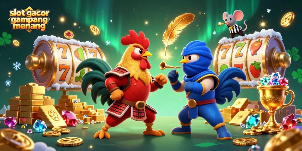 Menangkan slot gacor gampang menang dengan pertarungan menarik antara ayam jantan dalam ilustrasi kasino yang kaya akan detail.