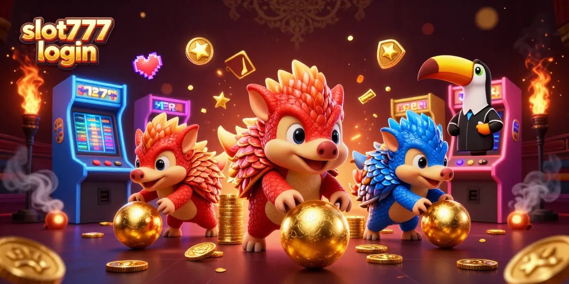 Slot777 login: permainan slot dengan pangolin yang bersaing dan simbol keberuntungan lainnya.