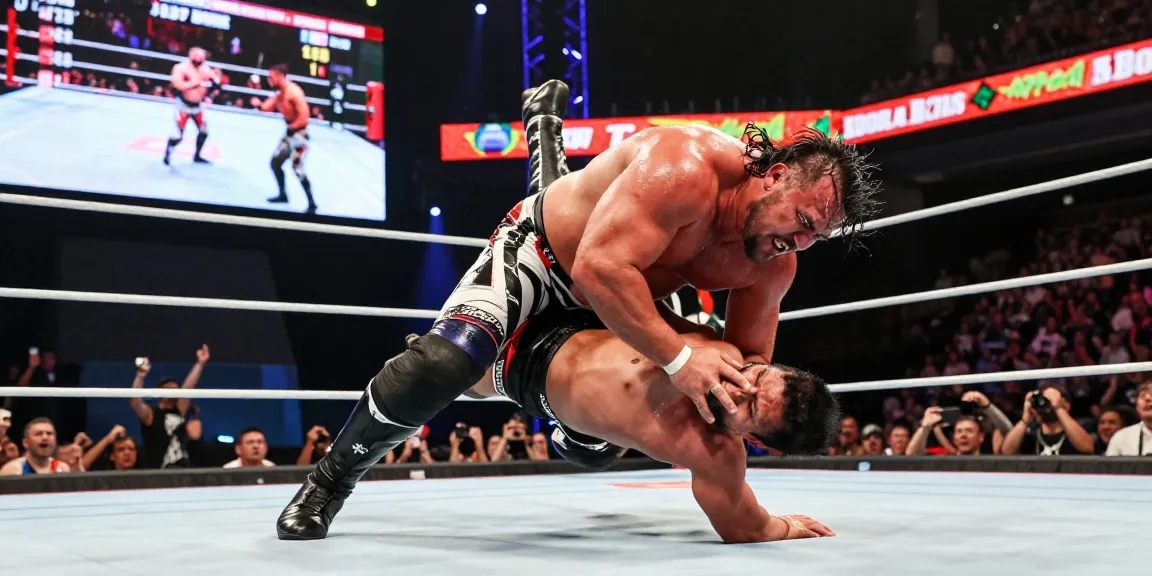 Abyss wrestler delivering a powerful body slam during an electrifying match, surrounded by cheering fans and bright lights.