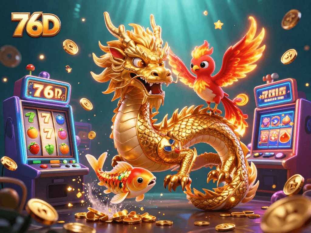 Explore jogos emocionantes com 76D, dragão dourado e peixes da sorte em cena vibrante.
