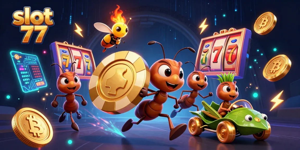 Experience slot 77 action as a heist unfolds with cartoon ants carrying a golden chip in a vibrant scene.