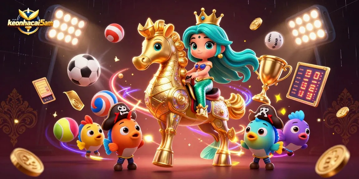 Engaging keonhacai5nam scene featuring a mermaid princess, sports elements, and dynamic energy.