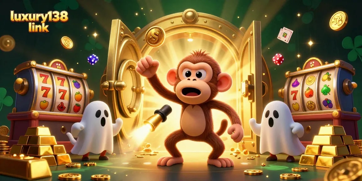 Engage with the dynamic luxury138 link casino world, as a playful monkey juggles golden treasures amidst slot machines.