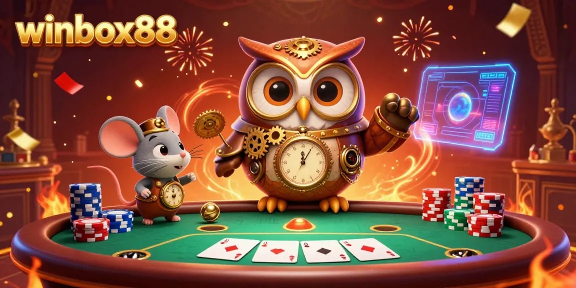 Winbox88 online casino scene with a time-traveler owl, poker elements, and festive energy.
