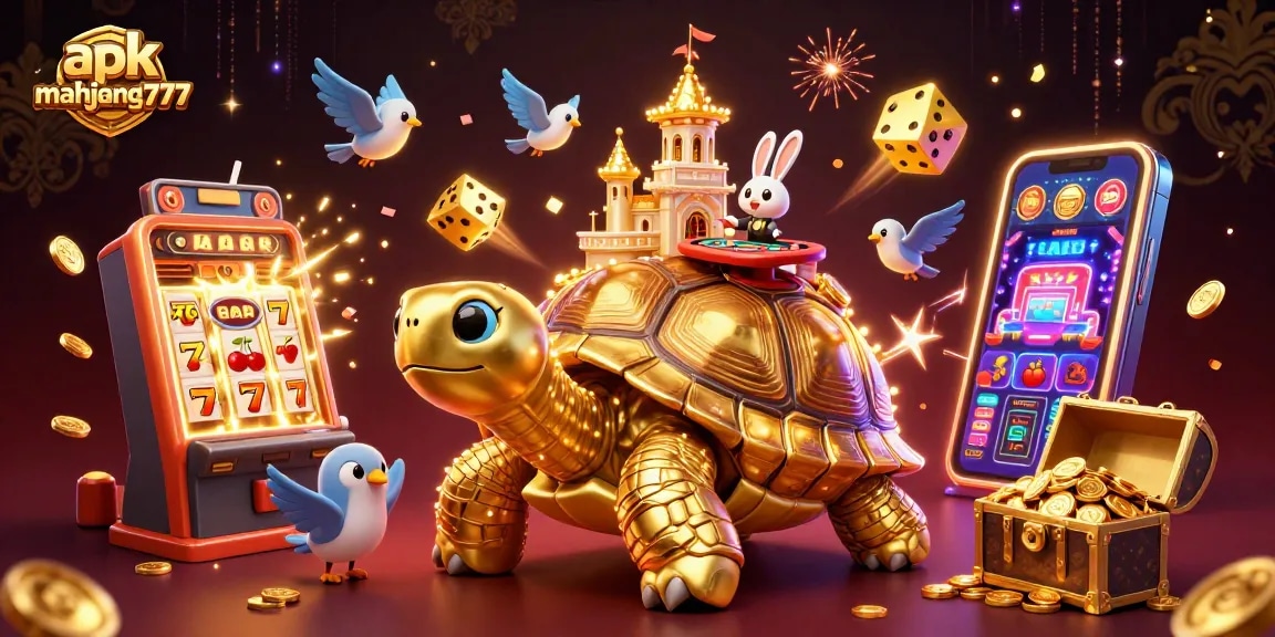 Play exciting games with apk mahjong777, featuring vibrant golden tortoise and jackpot symbols.