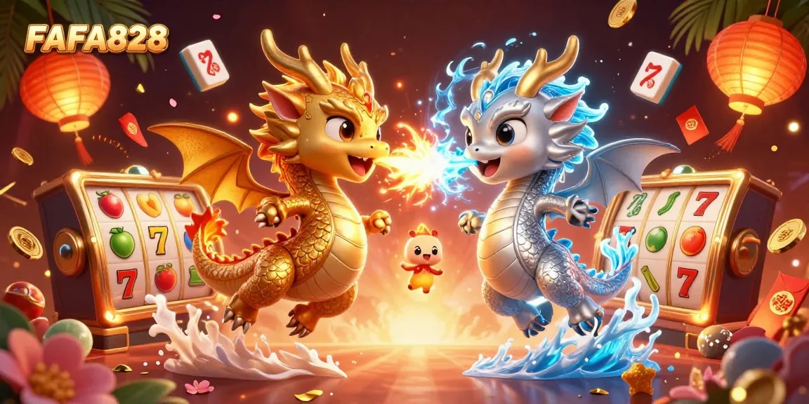 Experience winning with FAFA828's vibrant 3D casino scene showcasing epic dragon action.