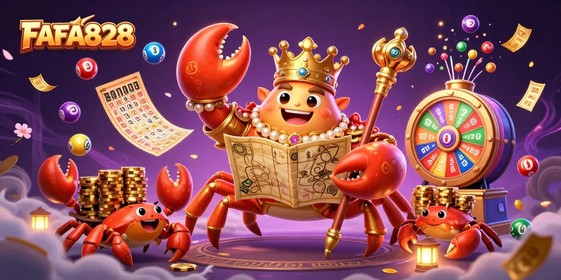 Engage with FAFA828's vibrant lottery experience featuring golden crab emperor and dynamic game elements.