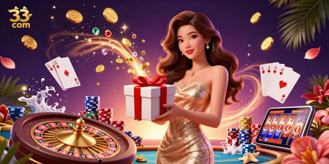 Experience thrilling casino action at 33win com with golden coins spilling from a festive gift box.