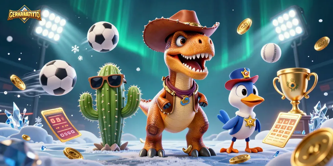 GERHANATOTO menampilkan dinosaur cowboy 3D terkemuka dalam suasana perjudian bertema olahraga yang dinamis.