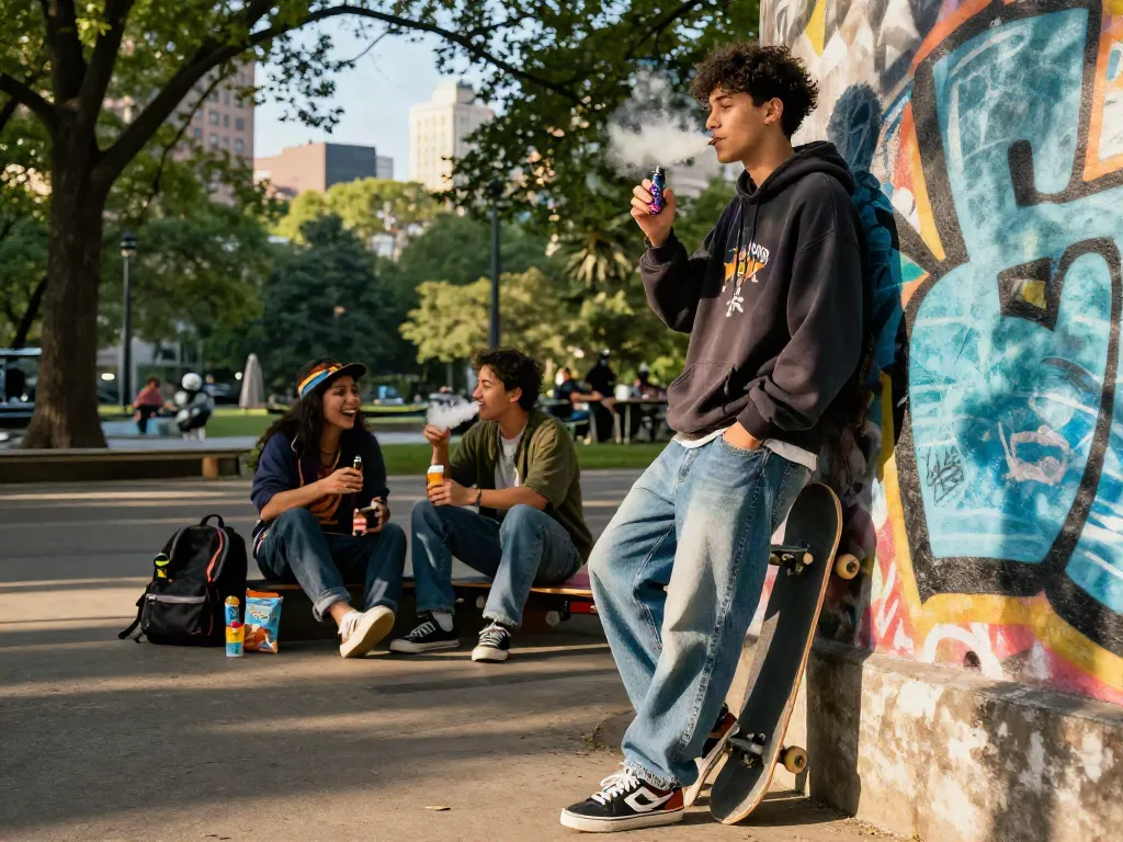 Young adult enjoying a nicotine disposable vape in an urban park.