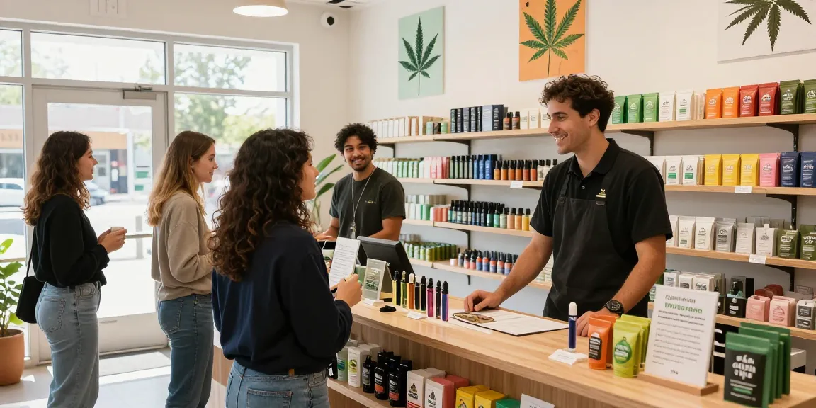 Customers exploring Muha Med cannabis products in a vibrant retail shop.