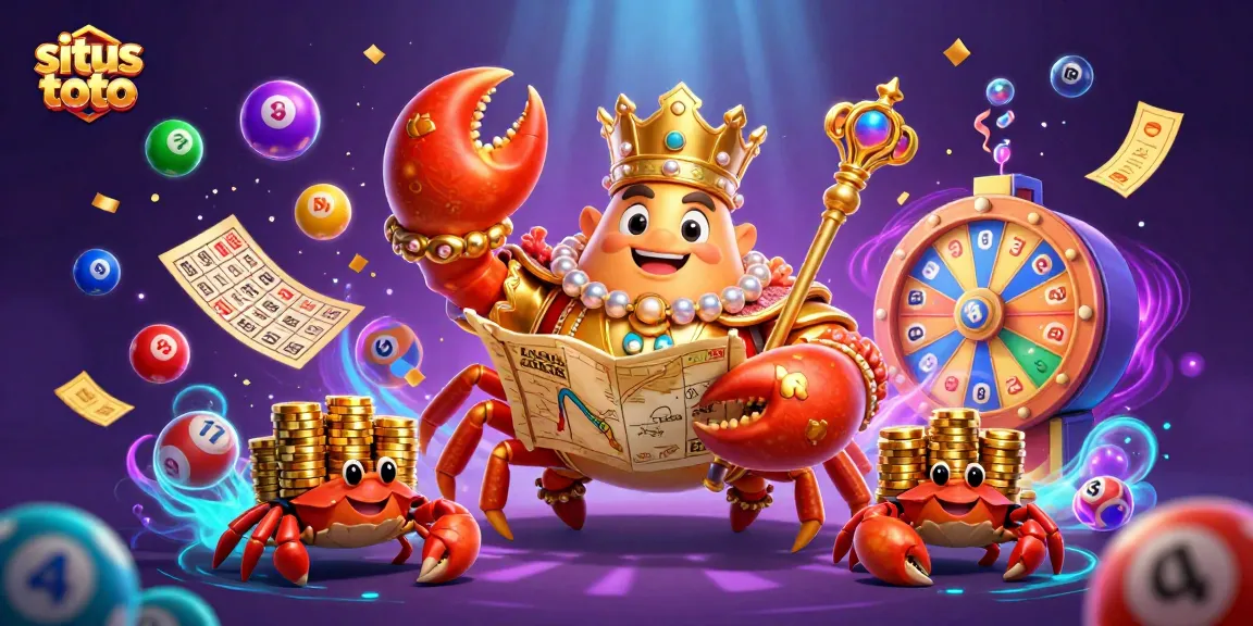 Engage in thrilling situs toto lottery action with a golden crab emperor surrounded by colorful elements.