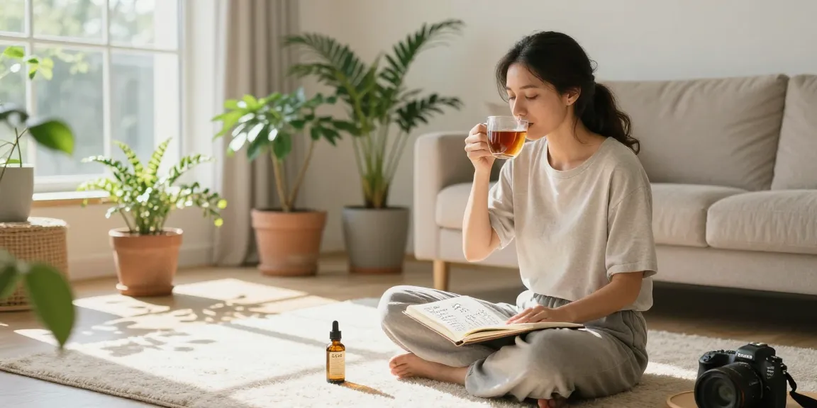 Leafy Market CBD wellness moment with herbal tea and oil, natural health lifestyle scene.