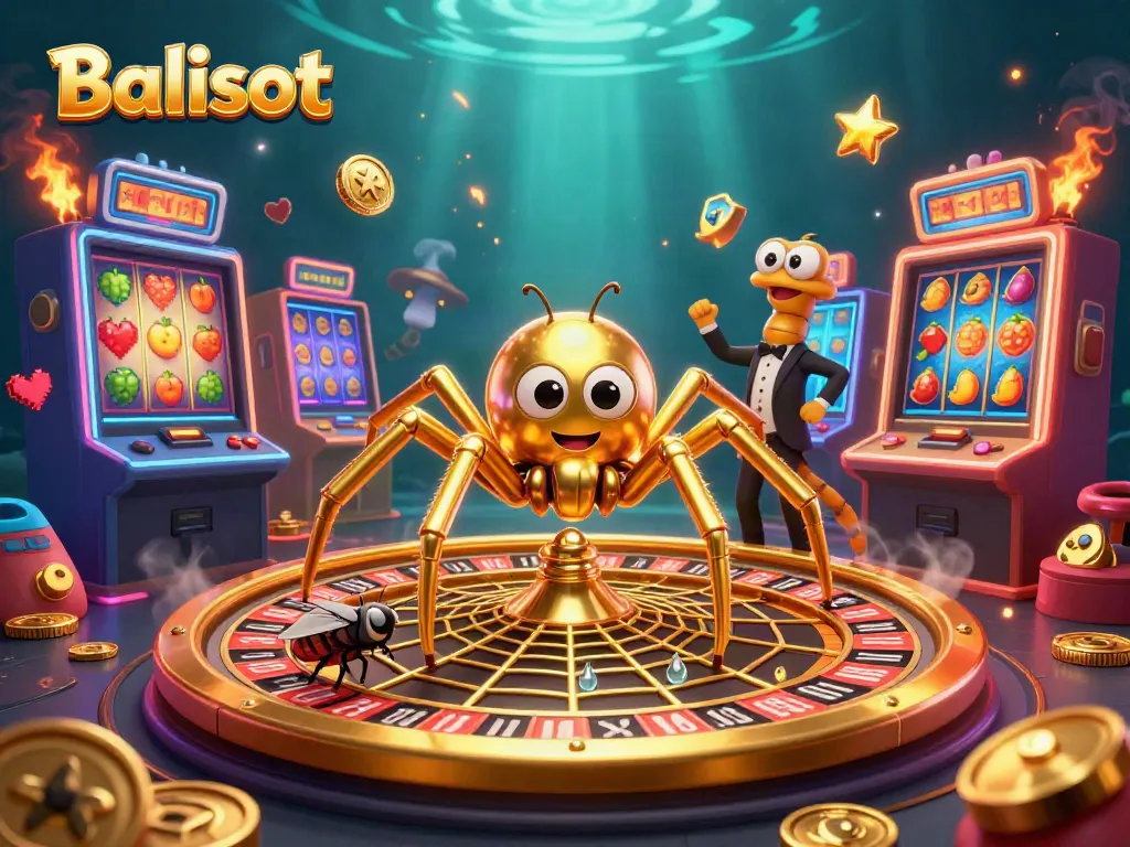 Balislot showcasing a vibrant 3D scene of a golden spider and centipede croupier with slot machine excitement.