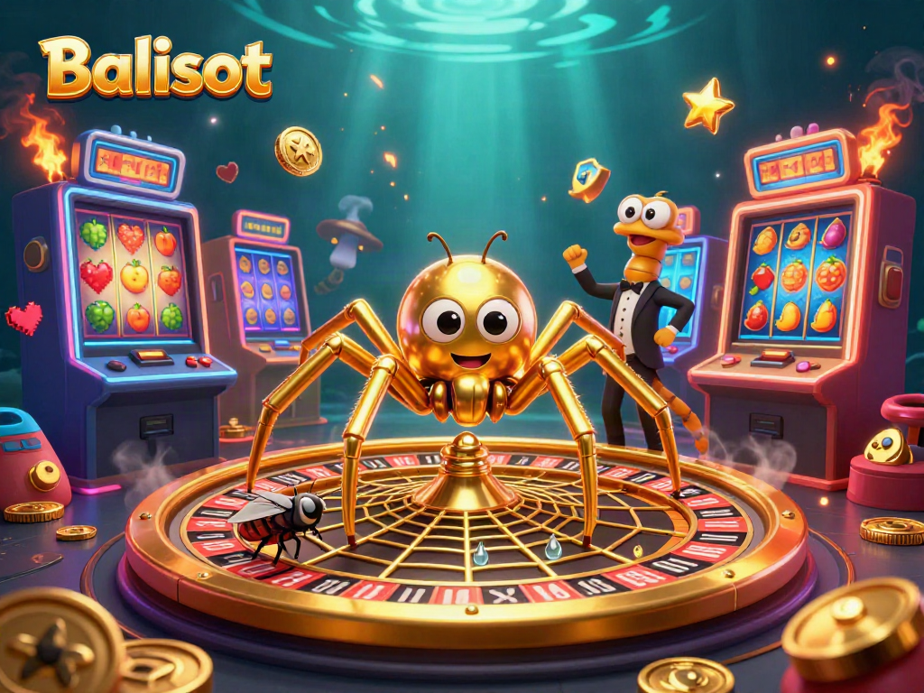 Balislot showcasing a vibrant 3D scene of a golden spider and centipede croupier with slot machine excitement.